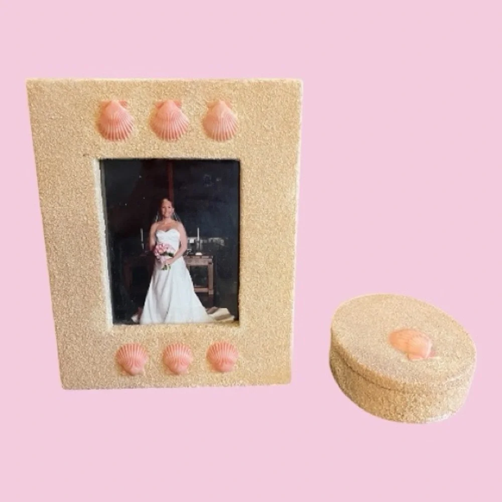 Frame & Trinket Box, Textured Sand Finish with Scallop Shells Beach Nautical